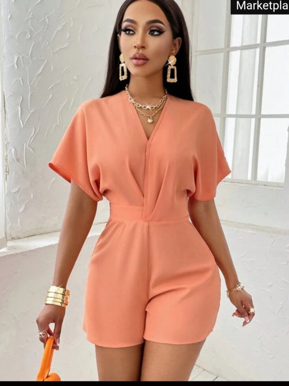 Women's Batwing Short Sleeve Asymmetrical Waist Romper Orange Papaya Size S NEW